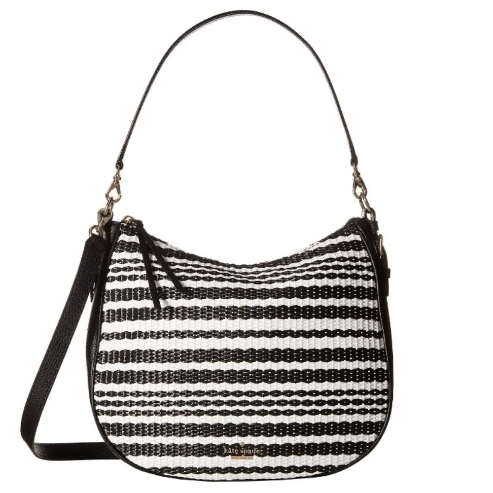 Kate Spade Large Cobble Hill Black Mylie Straw Raffia Hobo Bag NWOT